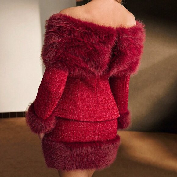 Red Elegant Women's Tweed Fluffy Panel Off Shoulder Jacket - Picture 2 of 9